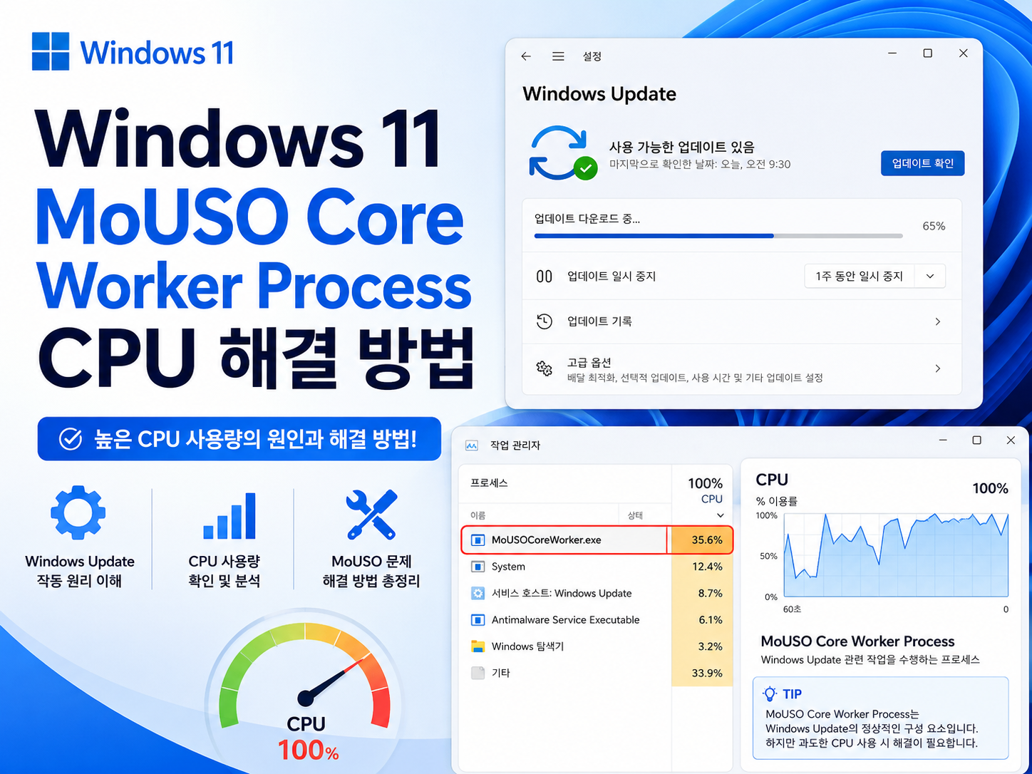 Windows 11 MoUSO Core Worker Process CPU 높음: 업데이트 반복 확인