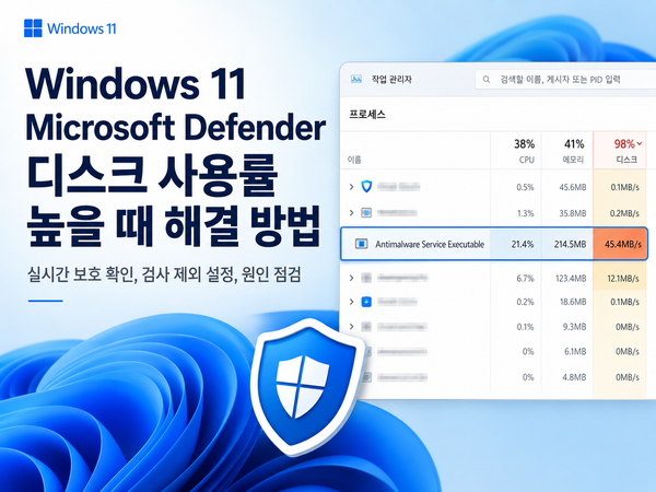 Windows 11 Microsoft Defender 디스크 사용률 높음: 검사 파일과 작업 확인