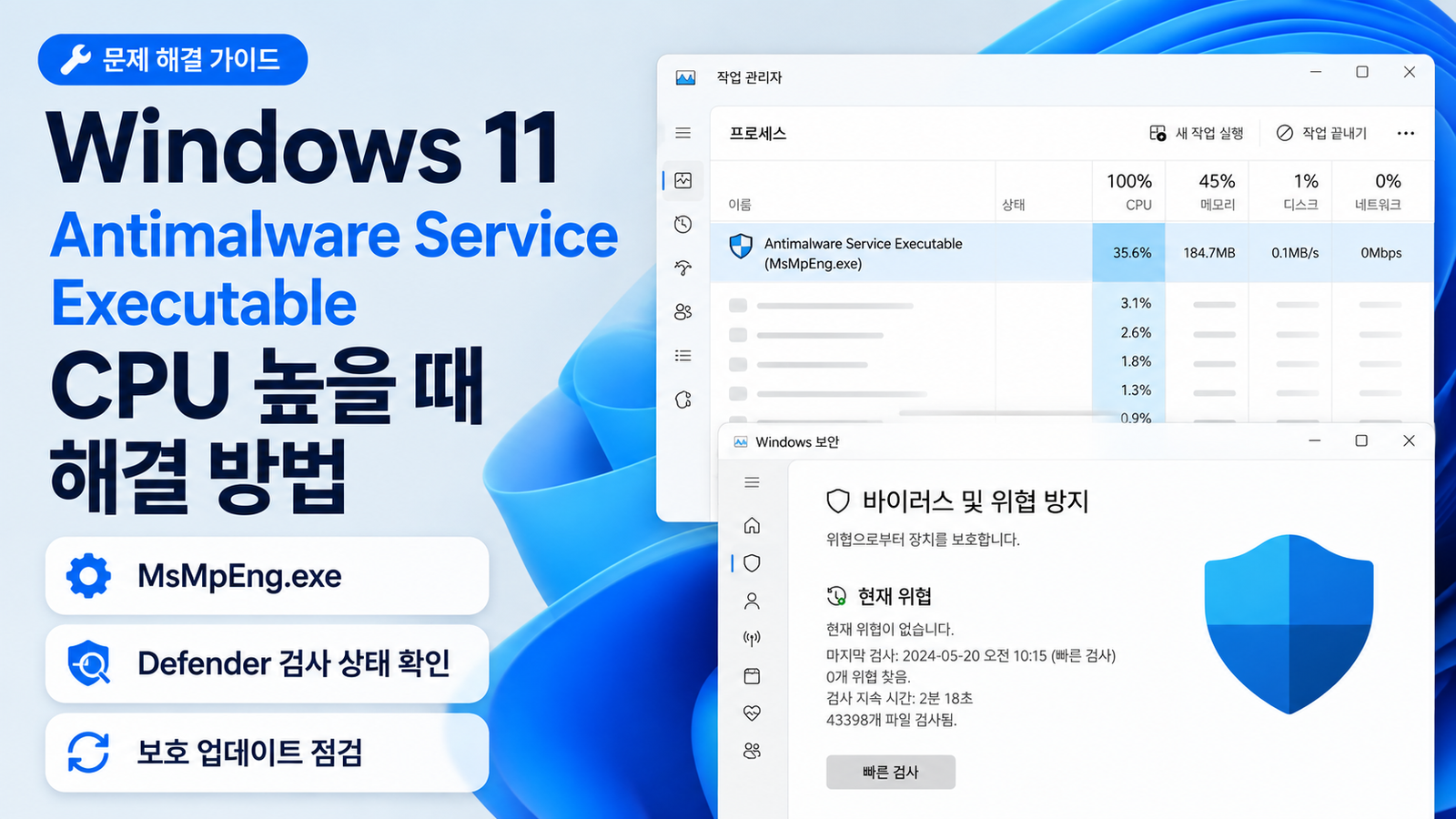 Windows 11 Antimalware Service Executable CPU 높음: 검사와 반복 부하 구분