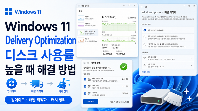 Windows 11 배달 최적화 디스크 사용률 높음: 다운로드 상태와 제한 확인