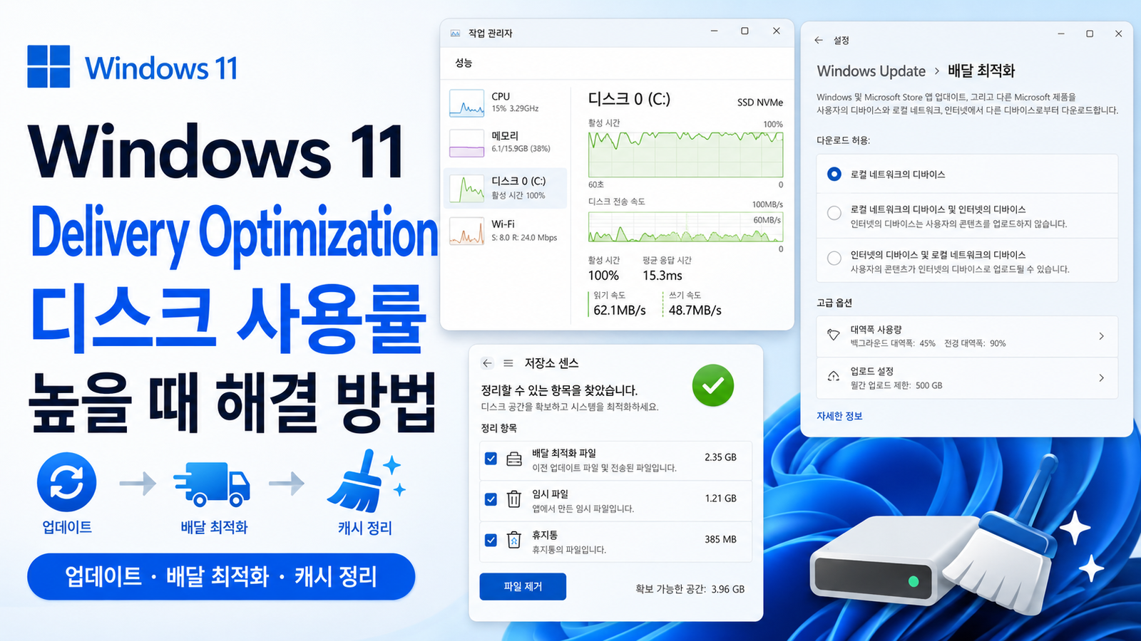 Windows 11 배달 최적화 디스크 사용률 높음: 다운로드 상태와 제한 확인