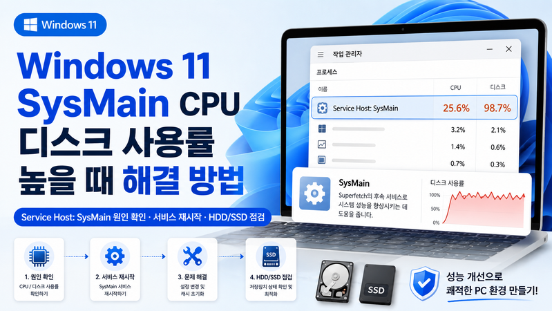 Windows 11 SysMain CPU·디스크 높음: 중지 전후 비교와 복원