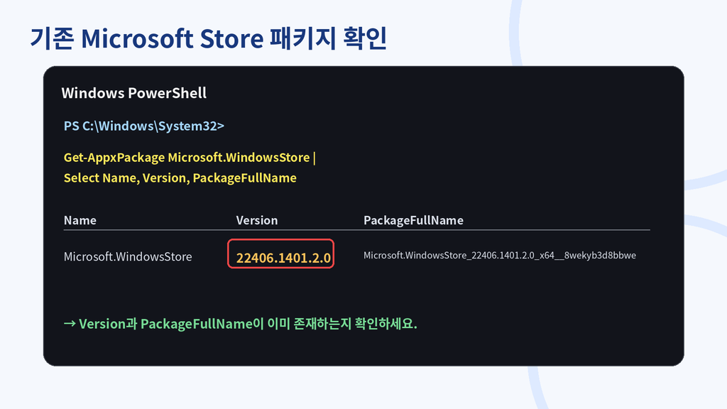 설치된 Microsoft Store 패키지의 이름과 버전을 조회한 설명용 예시