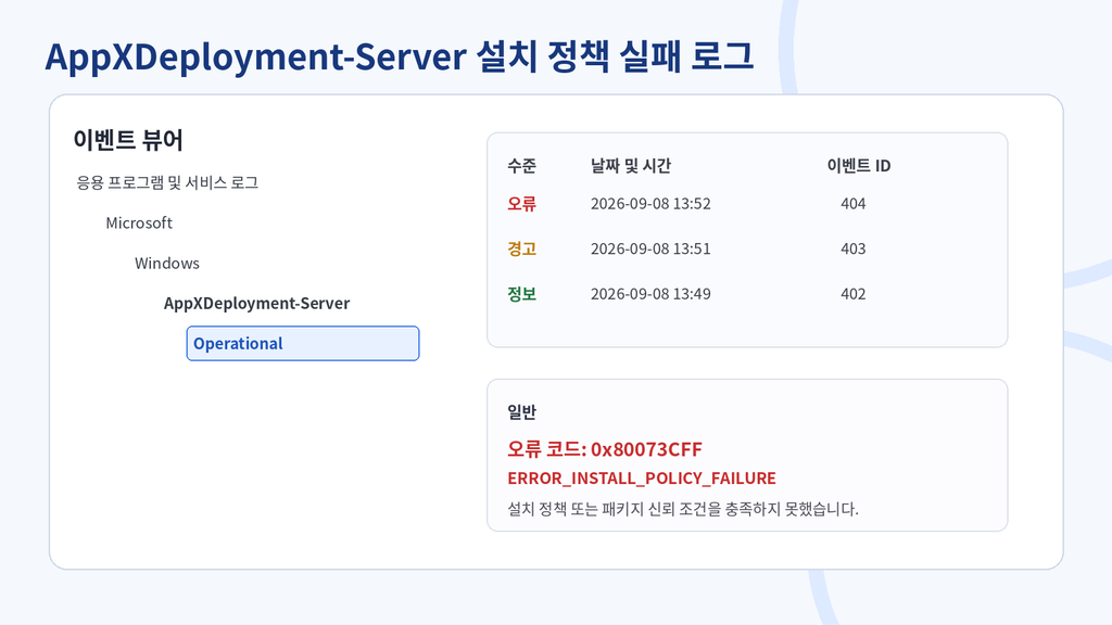 AppXDeployment-Server의 설치 실패 기록을 확인하는 설명용 이미지