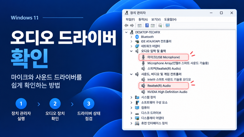 장치 관리자에서 오디오 입력과 드라이버를 확인하는 설명용 이미지