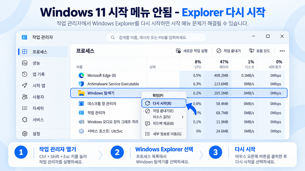 Windows 11 시작 메뉴 안됨 Explorer 다시 시작