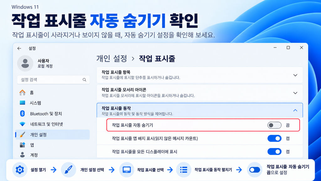 Windows 11 작업 표시줄 안됨 자동 숨기기 설정