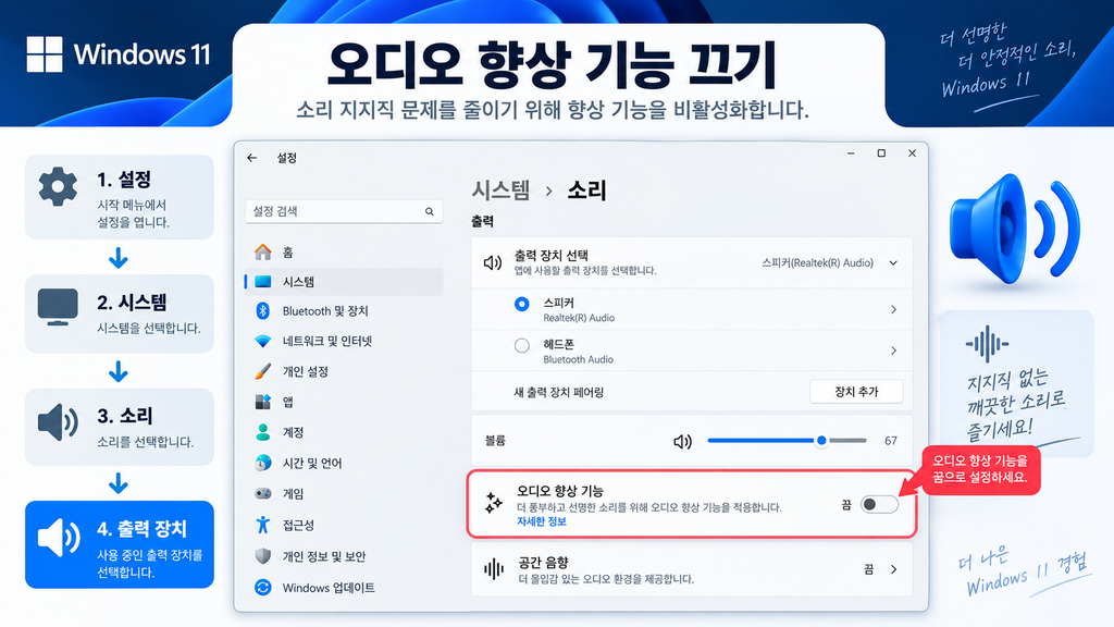 Windows 11 소리 지지직 오디오 향상 기능 끄기
